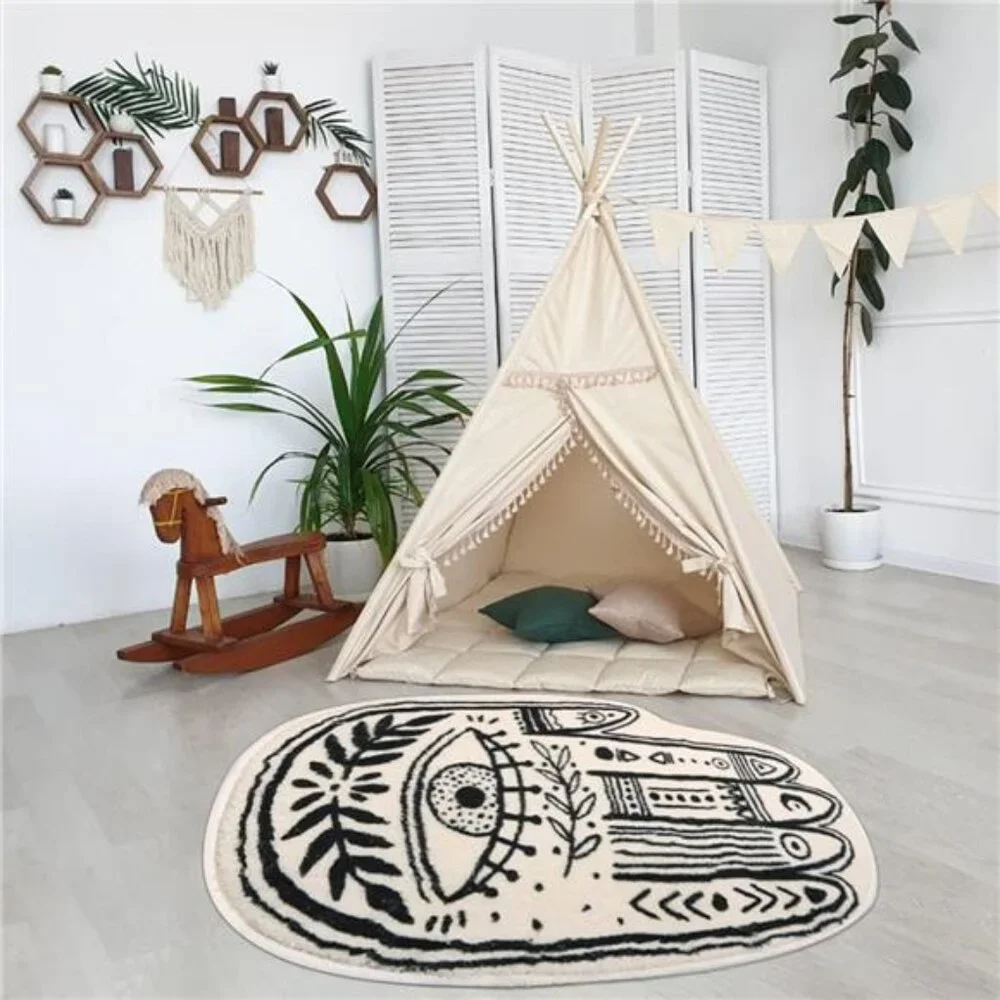 Boho Evil Eye Area Rug, 2.63x3.94ft Cream Color Modern Plush Carpet for Living